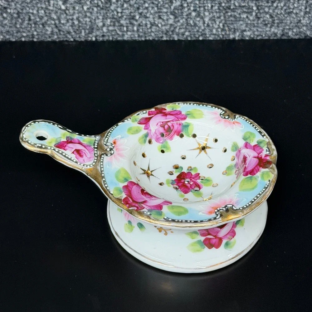 Vintage Japan Porcelain Tea Strainer Drip Bowl Pink Roses Gold Gilt Floral Set